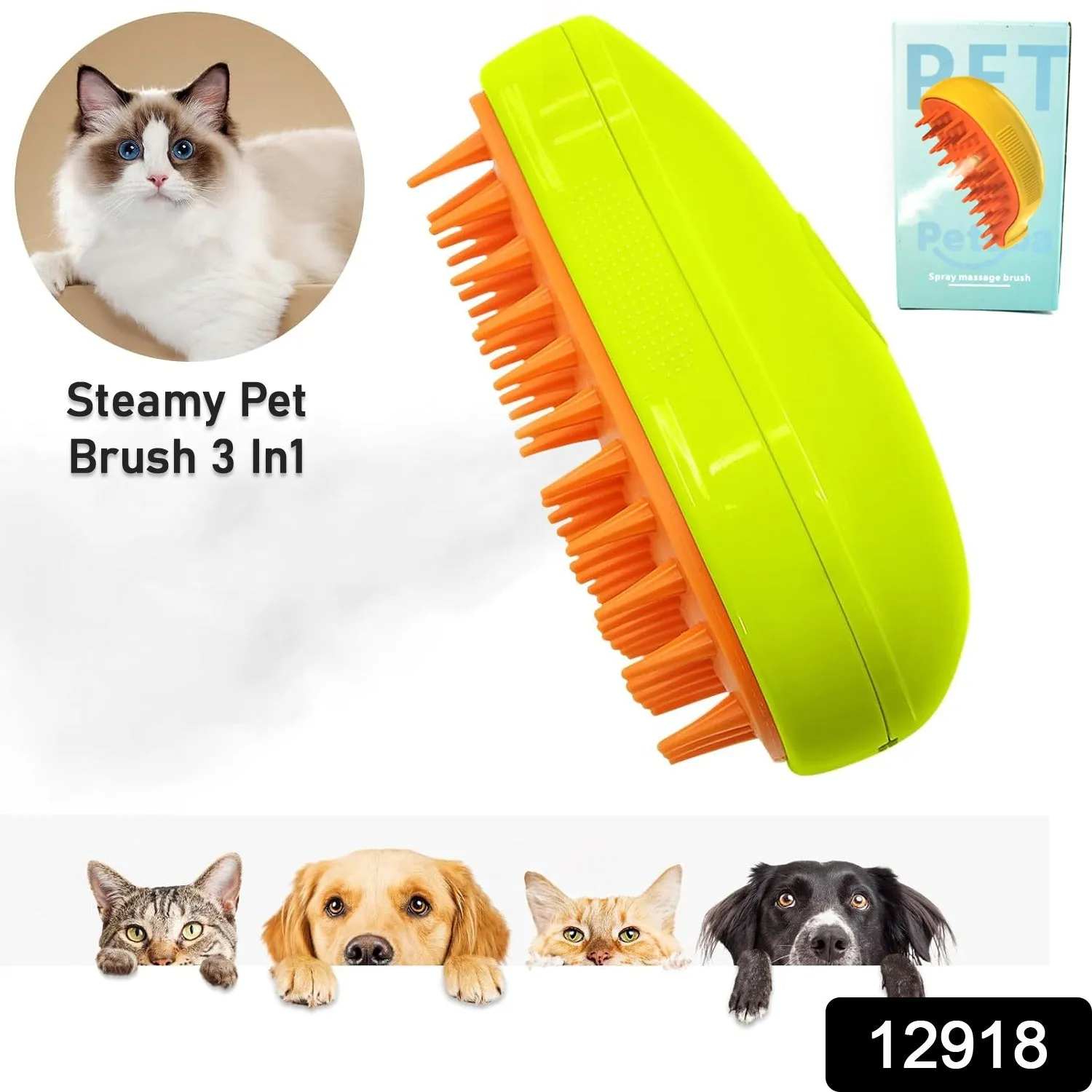 12918 3 In1 Cat Steamy Brush, Self Cleaning Steam Cat Brush Cat Steamer Brush for Massage Cat Grooming Brush Pet Hair Removal Comb for Cat and Dog, for Removing Tangled and Loose Hair