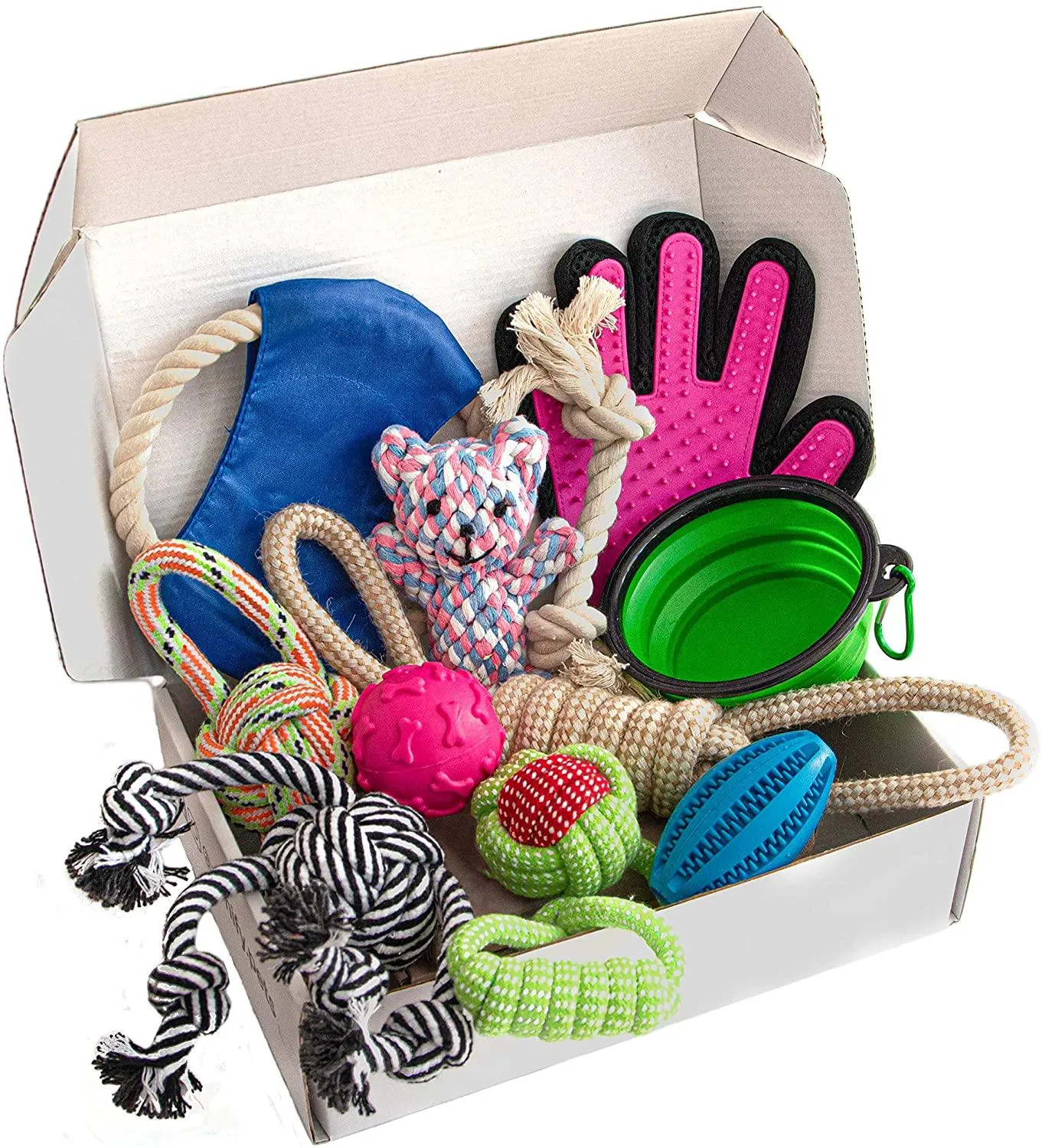 Pet Interactive Dog Rope Toy Starter Set , Training Puppies Play Grooming Glove Portable Travel Bowl